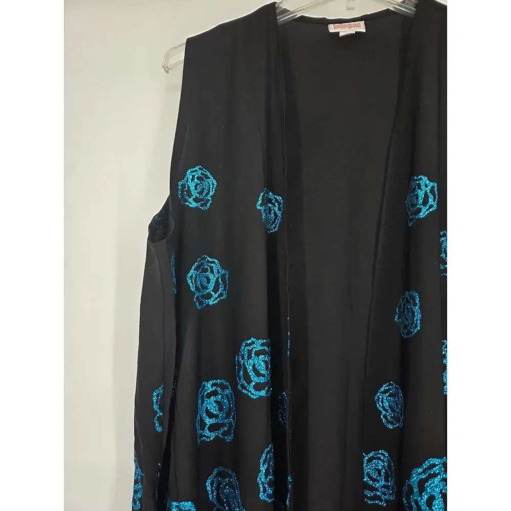 LuLaRoe Elegant Joy Black Blue Rose Glitter Long Cardigan Vest Duster NWT Large - Picture 2 of 7